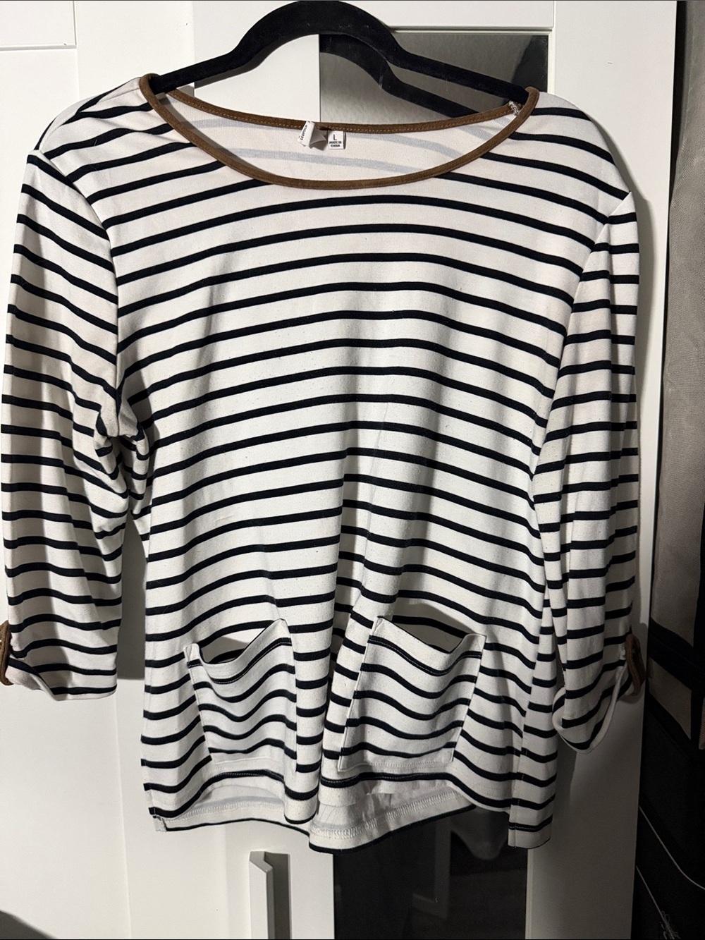 Striped Long Sleeve Pocket Top in White and Black with Brown Trim